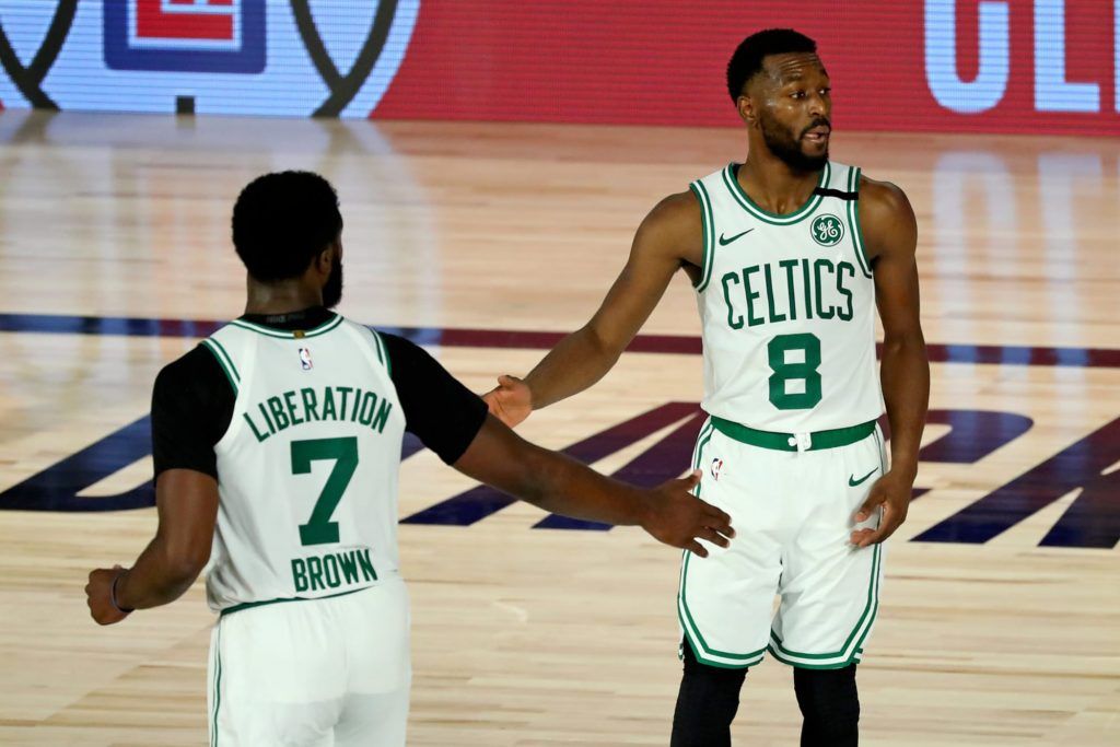 Jaylen Brown and Kemba Walker on court