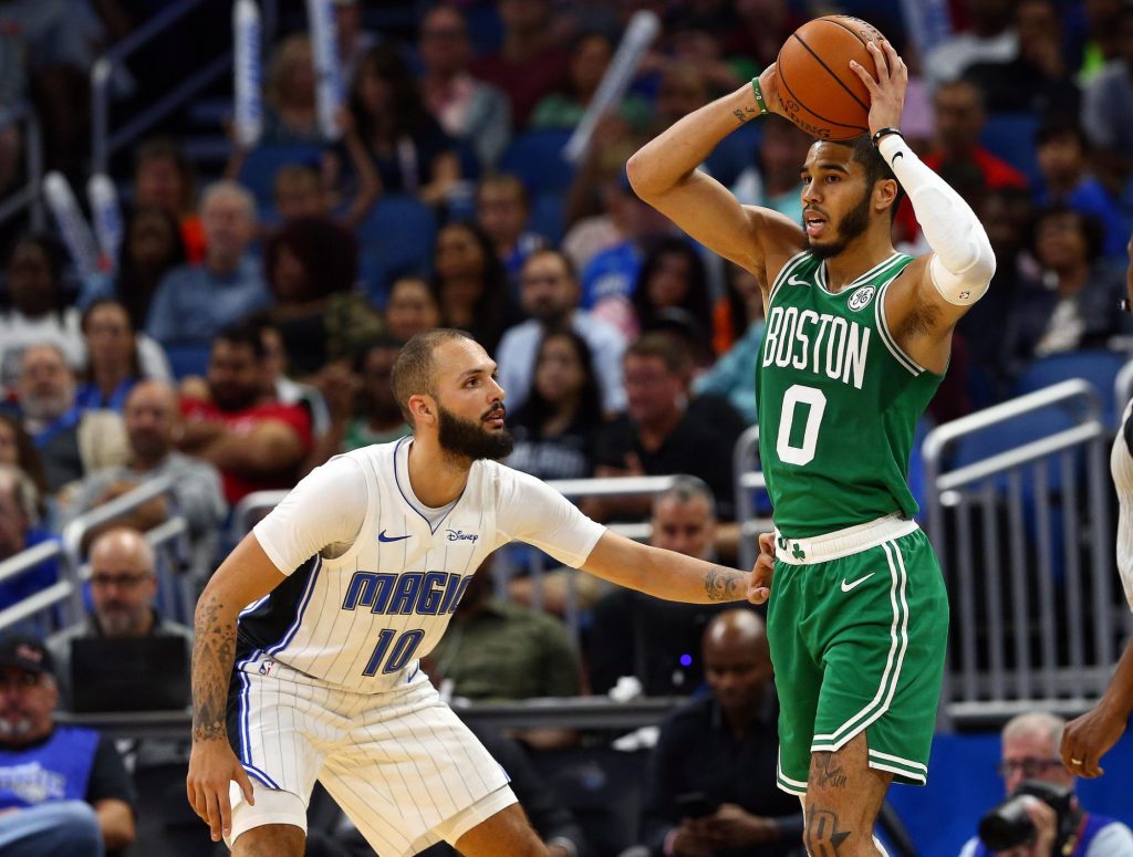 Evan Fournier guards Jayson Tatum